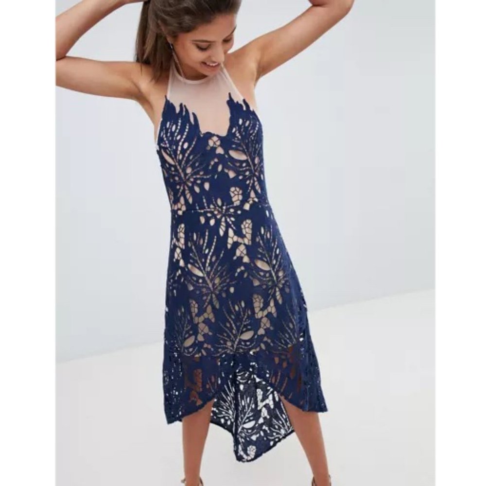 Love Triangle | Dress in Cutwork Lace High Low Hem Skater With Sheer Mesh Detail